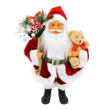 Imagem de Papai Noel Tradicional Vermelho com Urso Presente Luxo Natal 40cm - Ma