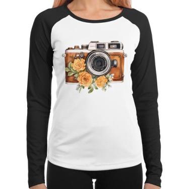 Imagem de Baby Look Raglan Máquina Fotográfica Vintage e Flores Manga Longa - Fo