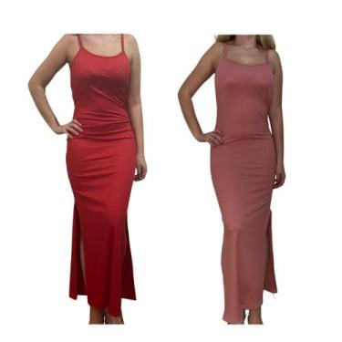 Imagem de Kit c/2 Vestidos Longo Canelado com Fenda - Empório J, Vermelho, Rose,