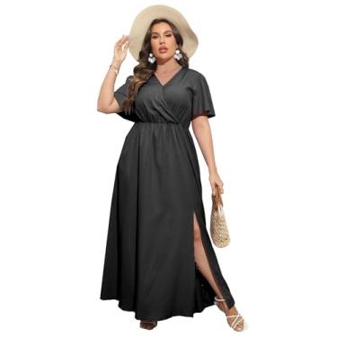 Imagem de KOJOOIN Vestido longo feminino plus size com mangas esvoaçantes, cintura império dividida, evasê, boho, casual, Preto sólido Vc, GG