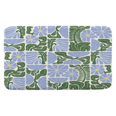 Imagem de Boho Tapetes de banheiro florais coloridos abstratos, retrô vintage, patchwork Matisse azul e verde, botânico, geométrico, estético, tapetes de banho descolados para banheiro, cozinha, tapete macio,