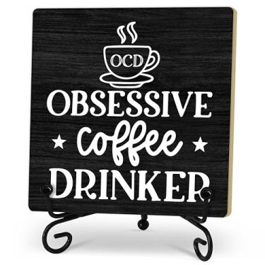 Imagem de Decoração de cafeteria, placa obsessiva para bebedor de café, decoração de placa de madeira de café para casa, cozinha, estação de café, presentes de Natal para amantes de café, decoração de café de