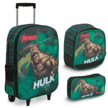 Imagem de Kit Mochila Infantil Hulk Bolsa Carrinho Reforçada Creche - Plike
