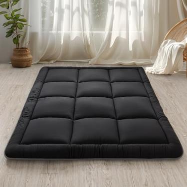 Imagem de WhatsBedding Colchão de chão japonês, futon, tapete de tatame preto de 7,6 cm, almofada de dormir preenchida com espuma de memória, dobrável e portátil, espreguiçadeira dobrável e portátil, cama de