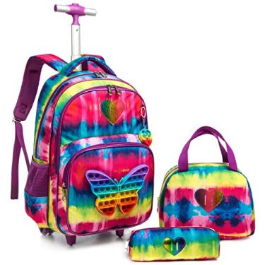 Imagem de Egchescebo Mochila Escolar Infantil com Rodinhas para Menino e Crianças Rodas Bolsa Mala Carrinho 17” 3PCS Lancheira Juvenil Estojo Costas Divertidamente Toy Brinquedos de Borboleta Vermelho