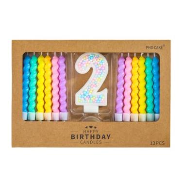 Imagem de PHD CAKE Número 2 Vela de aniversário Macaron Glitter Number Candle com velas espirais arco-íris em suportes para topo de bolo, decoração de festa tema doce pastel