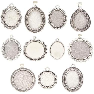 Imagem de SUNNYCLUE 1 caixa, 44 peças, 11 estilos de moldura prateada, pingentes, cabochão, liga metálica, vintage, oval, tibetano, redondo, básico, bandejas, cabochão para fazer joias, colar de berloques,