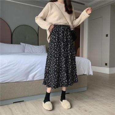 Imagem de Saia Midi Feminina Vintage Floral - Plissada, Cintura Elástica e Estil