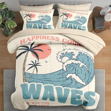 Imagem de Pamnest Jogo de edredom casal, verão, praia, surfe, 7 peças, vintage, tabuleiro, palmeira, lençol com elástico, 2 fronhas e 2 fronhas para decoração de quarto