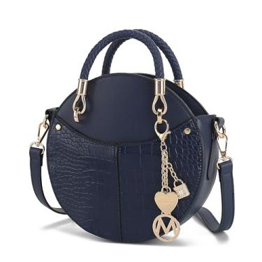 Imagem de MKF Bolsa tiracolo elegante redonda para mulheres – Bolsa de couro PU – Bolsa carteiro feminina circular, Nobella, azul-marinho, Small