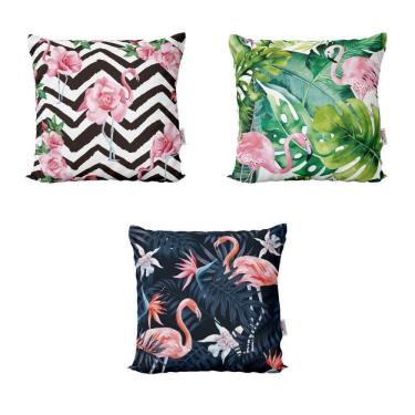 Imagem de Almofadas Decorativas Flamingos Floral Para Sala 40X40