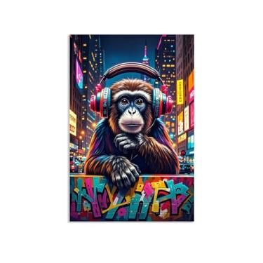 Imagem de Arte de parede de macaco grande Street Graffiti Canvas Wall Decor Dj Thinking Monkey Colorful Picture Framed Art Prints Banksy Poster Decor for men 60x40cm (60x40.6 cm) poster