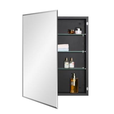 Imagem de IDYLLOR Armário de remédios preto para banheiro com porta espelhada de borda chanfrada 61 x 76 cm, suporte embutido ou em superfície, com prateleiras de vidro ajustáveis