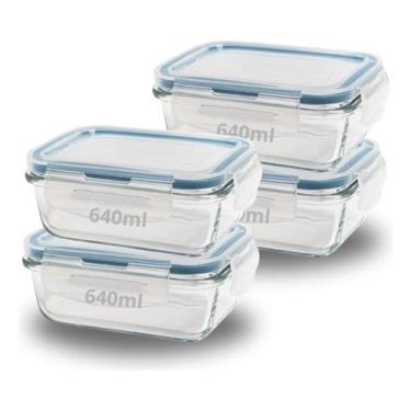 Imagem de Kit 4 Potes Hermético Vidro Retangular 640ml Marmita 4 Travas Resisten
