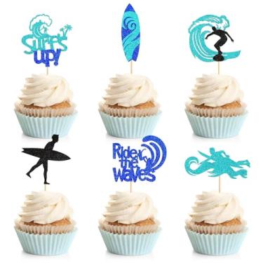 Imagem de Zpilkes 24PCS Surfing Cupcake Toppers Surfboard Ride the Waves Surfs Up Cupcake Toppers Decoration for Summer Beach Theme Birthday Party Baby Shower Cake Supplies Glitter Blue