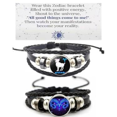 Imagem de HWJQ 2 peças de pulseiras de couro do zodíaco em camadas, pulseira de constelação para mulheres e homens, pulseira de espírito de signo do zodíaco trançado, dia das mães, aniversário, joia BFF, Middle