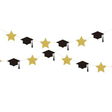 Imagem de hhdatc Conjunto de 4 bonés de formatura de feltro com 4 bonés pretos de formatura com "Congrats" e estrelas douradas, decorações Class of 2025