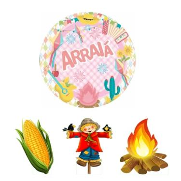 Imagem de Painel De Festa Redondo 50cm com Suporte MDF + 03 Totens Display MDF 25cm Festa Junina (PD050-FJN0005)