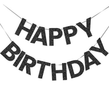 Imagem de LITAUS Banner de feliz aniversário com glitter preto - placa de fundo pré-amarrada sem bricolage para festas, adultos, crianças, mulheres, homens, meninos e meninas - Decorações de aniversário