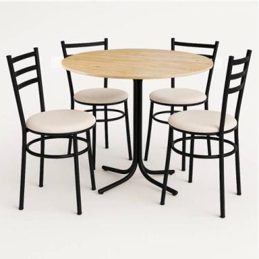 Imagem de Mesa de Jantar Redonda 80cm Pinus Com 4 Cadeiras Estofada Preta - Lama