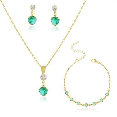 Imagem de Kit Semijoia Banhado Ouro 18k - Pulseira, Corrente, Pingente e Brincos Coração Verde Turmalina