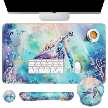 Imagem de Arttown Tapete de mesa de recife de coral de tartaruga marinha conjunto de mouse pad 4 em 1 animal design ergonômico grande almofada de mesa + descanso de pulso para teclado + descanso de pulso para