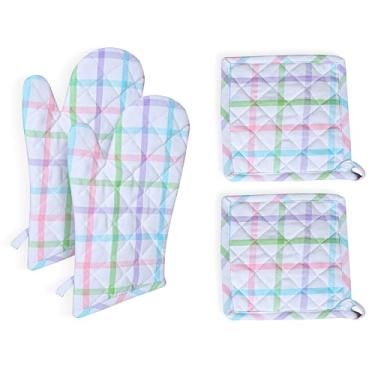 Imagem de Native Fab Conjunto de 4 peças – 2 luvas de forno e 2 pegadores de panela, resistente ao calor, 100% algodão, design acolchoado, aderência antiderrapante, ideal para assar, cozinhar, churrasco