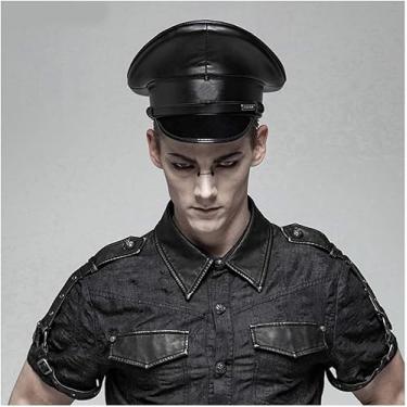 Imagem de Chapéu De Feltro Elegt Chapéu Militar De Couro Unissex Para Mulheres Homens Germy Officer Visor Exército Chapéu Cortical Polícia Cap Cosplay Halloween Chapéu Fay Dress U, Black, 57CM
