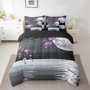 Imagem de Jogo de cama casal de 7 peças, lua e flor roxa com edredom, fronhas, fronhas, lençol de cima, lençol com elástico, roupa de cama romântica estilo japonês para decoração de quarto
