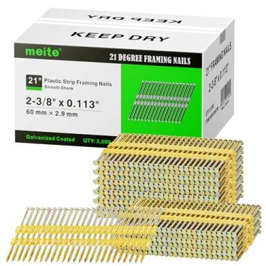 Imagem de meite Pregos de moldura de 21 graus, 6 cm x 0,113 cm, cabeça redonda, galvanizada, haste lisa, tiras de plástico agrupadas para pistola de pregos de 21 graus (2.000 unidades)
