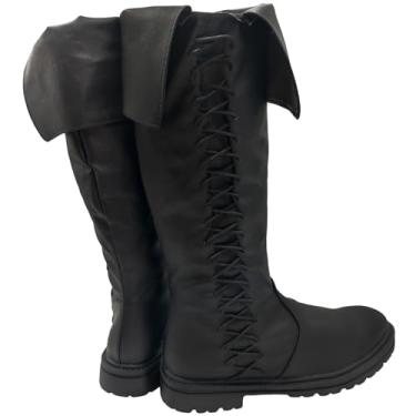 Imagem de JUNQIAKO Botas de pirata medievais masculinas Renaissance Pull on Mid Calf Gothic Halloween Costume Boot Vintage Stage Pirate Viking Shoes, Preto, 42