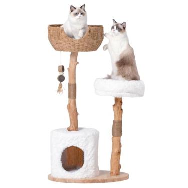 Imagem de PEGIC Torre de árvore para gatos com dois ramos reais, torre moderna de madeira de 111 cm com condomínio luxuoso para gatos, poste arranhador para gatos, plataformas de salto, móveis para gatos