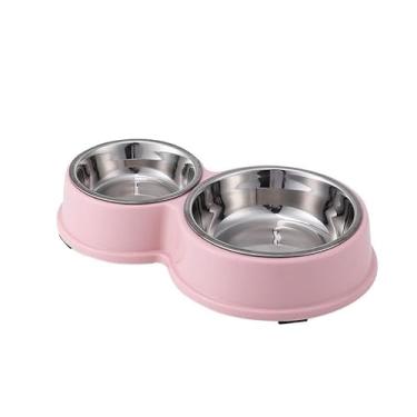 Imagem de Comedouro e bebedouro inox Duplo para bicho de estimação cachorro ou gatos C/antiderrapante(Rosa)