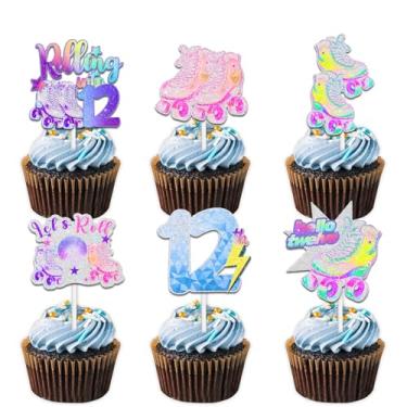 Imagem de 18 peças de patins coloridos com glitter para cupcake para patinação hip hop retrô dos anos 80 anos 90 rolo em 12 artigos de decoração temática meninos meninas decorações de festa de 12 anos felizes
