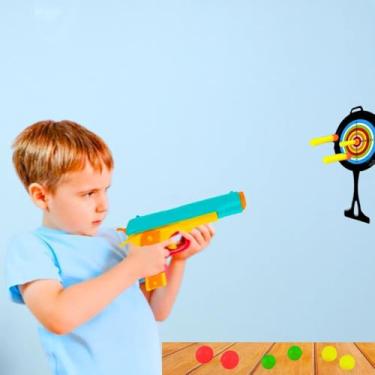 Imagem de Pistola de Brinquedo com Alvo, 18 cm, Kit com 6 Bolinhas e 3 Dardos, Amarelo e Azul