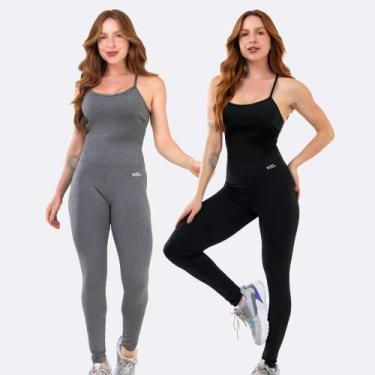 Imagem de Kit 2 Macacão Fitness Blackout Alcinha Slim Zero Transparência Longo E