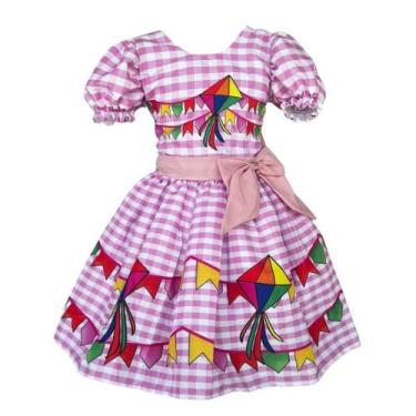 Imagem de Vestido Luxo Infantil Festa Junina Xadrez Rosa Laço Rosa - Genérica, 1