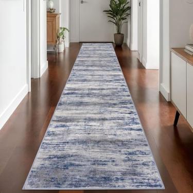 Imagem de KOZYFLY Tapete moderno abstrato lavável corredor 6 x 35 cm tapete de corredor antiderrapante macio tapete de corredor de cozinha, tapete listrado cinza-azul para entrada, banheiro, lavanderia, hall de