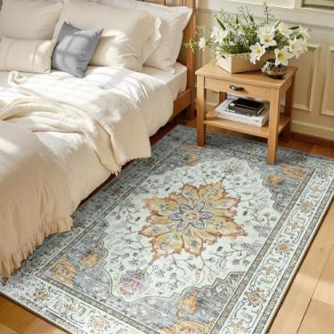 Imagem de RELEANY Tapetes de área 9,5 x 1,5 m lavável, antiderrapante, floral, vintage, estampa de angústia, tapete medalhão para sala de estar, quarto, sala de jantar, amarelo claro cinza carbono laranja