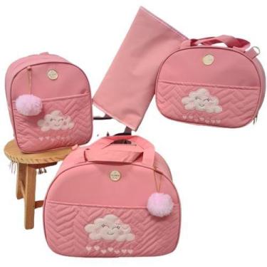 Imagem de Bolsa maternidade bebê kit 4 peças Nuvem Rosa impermeável - Shoppingne