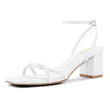 Imagem de PODAIK Sandálias de salto com tiras para mulheres, salto médio, grosso, bico quadrado, fivela no tornozelo, Branco, 38