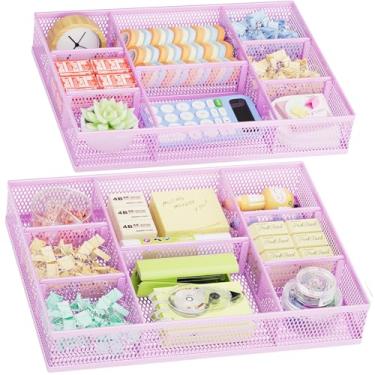 Imagem de Marbrasse Pacote com 2 organizadores de gaveta de mesa, bandeja organizadora de gaveta de malha com 8 compartimentos ajustáveis, organizadores de mesa e acessórios, 5 divisórias para material de