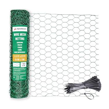 Imagem de AlpineReach Arame de galinha 0,4 m x 8,2 m (39,6 cm x 823 cm) para arranjos florais com laços de zíper - Rede de jardim hexagonal galvanizada de malha verde revestida de PVC para cercas, artesanato