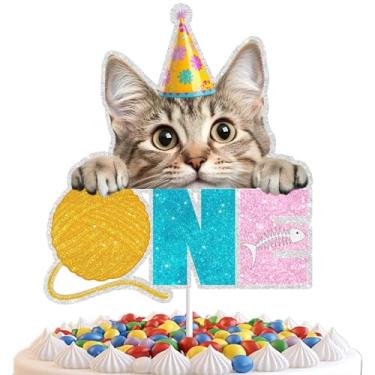 Imagem de Decoração de bolo de gato divertido papel gatinho topo de bolo de primeiro aniversário chapéu de festa de bolo de aniversário de gato ideal para celebrar seus amigos felinos marcos especiais perfeito