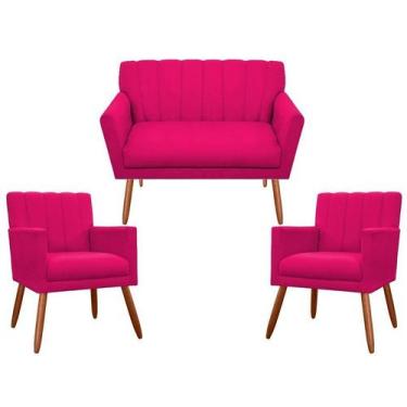 Imagem de Kit Namoradeira + 2 Poltronas Decorativa Cecília Couro Rosa Pink Pés M