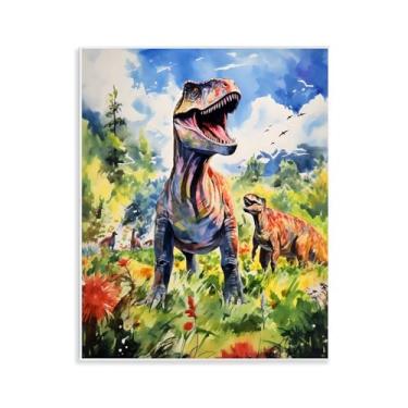 Imagem de Stupell Industries Arte de placa de parede de dinossauros em campo natural, design por Creative Studio, 14 x 11