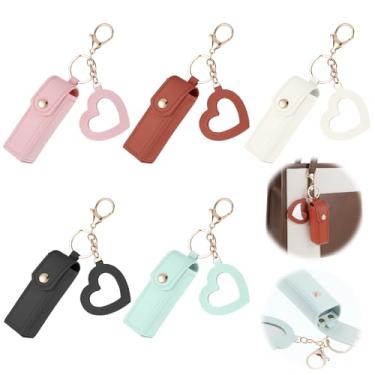 Imagem de Pacote com 5 porta-batons com espelho, suporte de batom portátil de couro PU, bolsa de batom portátil de couro macio com chaveiro de metal para presente de festa de viagem, chaveiro a granel para