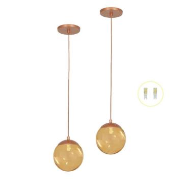 Imagem de Kit 2 Pendentes Jabuticaba Cobre Bola Globo De Vidro + Led V