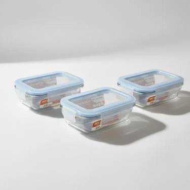 Imagem de kit 3 Potes Retangular Hermético Vidro Marmita Microondas Fitness Marm