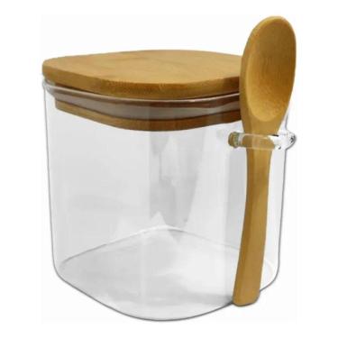 Imagem de Pote Hermético de Vidro Tampa e Colher de Bambu 500ml Quanhe